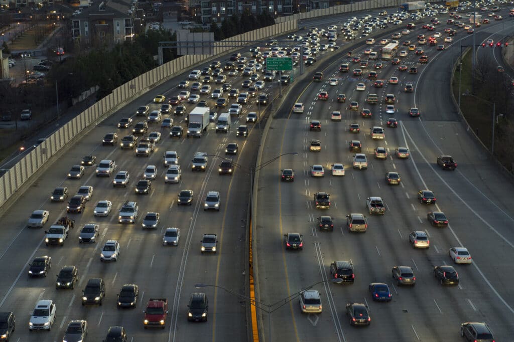 Traffic on freeway through downtown Atlanta, Georgia.