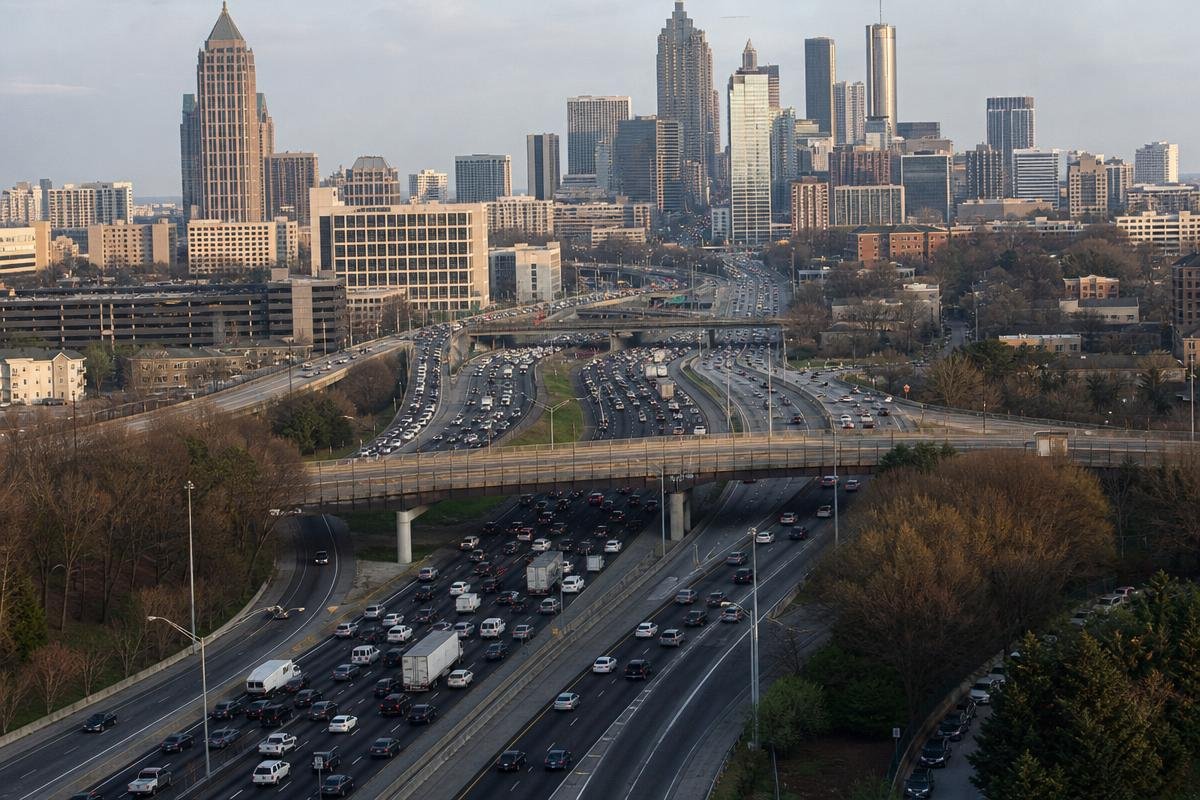 Heavy traffic on a multi-level Atlanta highway interchange beneath the city skyline