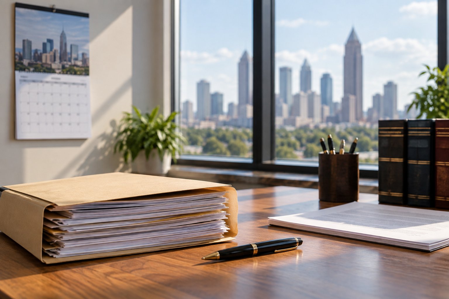 Legal case file and calendar on a desk in an Atlanta law office overlooking the city skyline