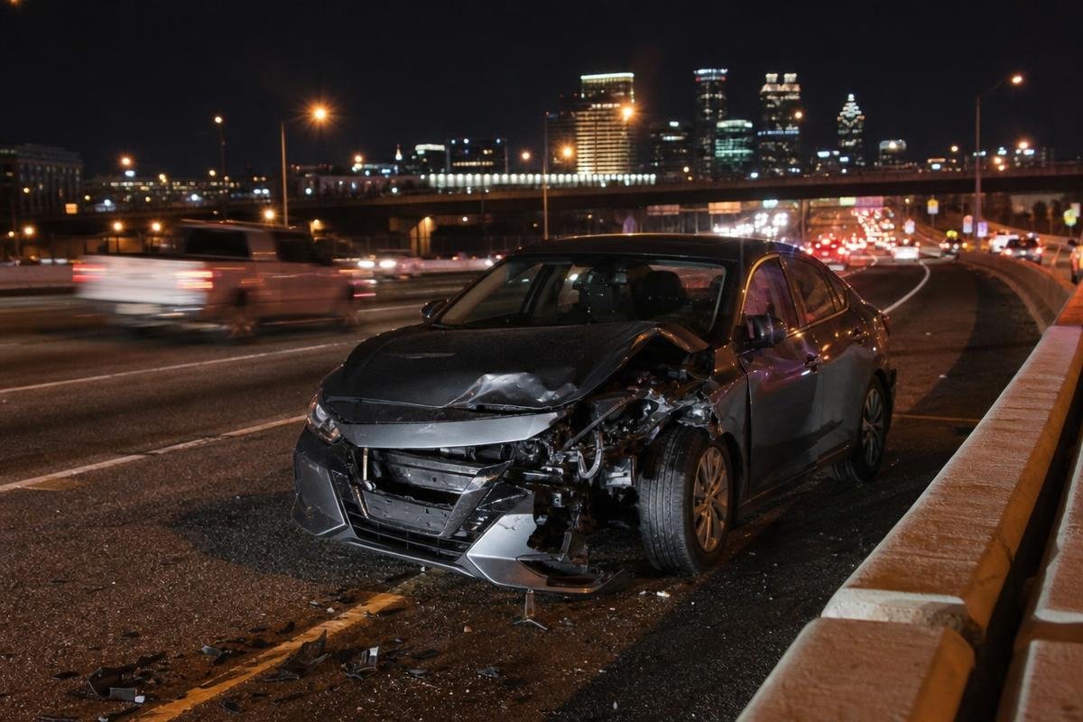 Damaged sedan stopped on a city highway at night