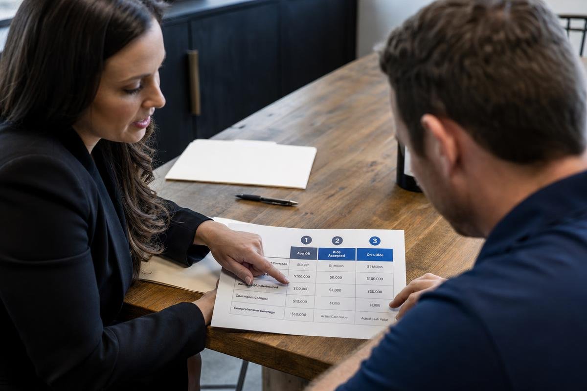 Attorney and client reviewing an insurance coverage chart at a table