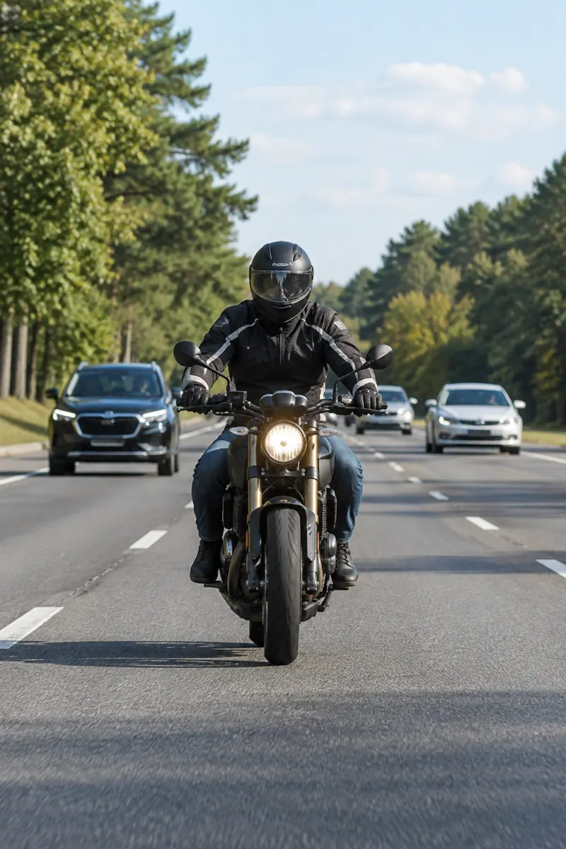 Motorcyclist wearing a helmet with the headlight on, riding in his own lane on a Georgia highway