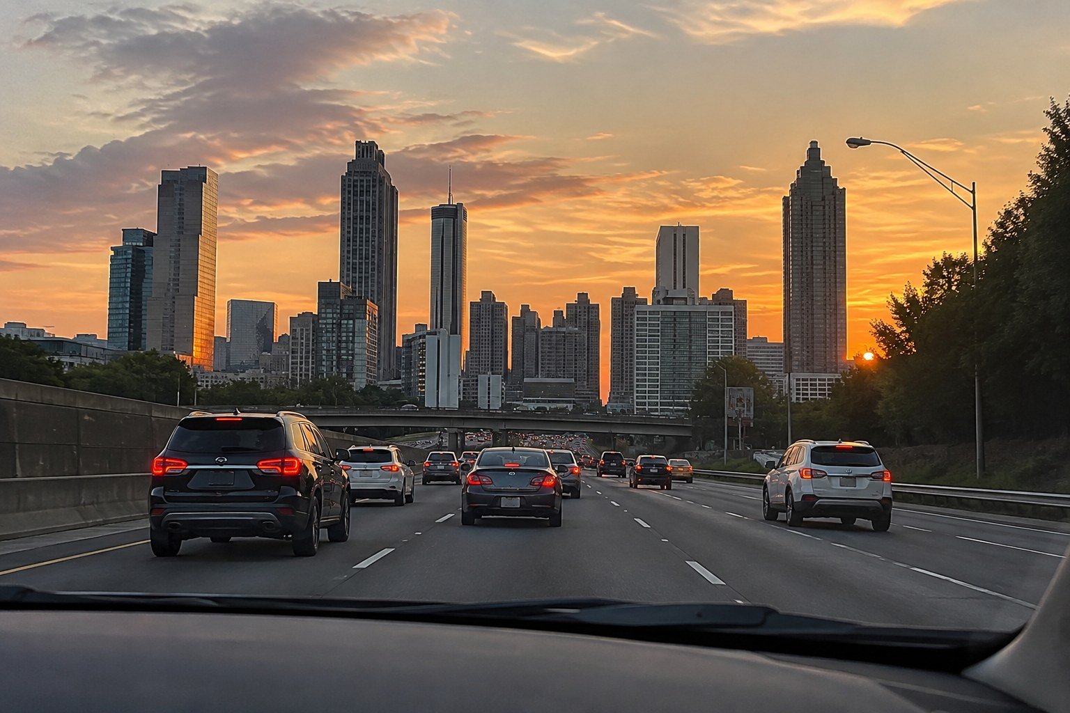 Evening view from a car passenger seat on a metro Atlanta interstate toward the skyline