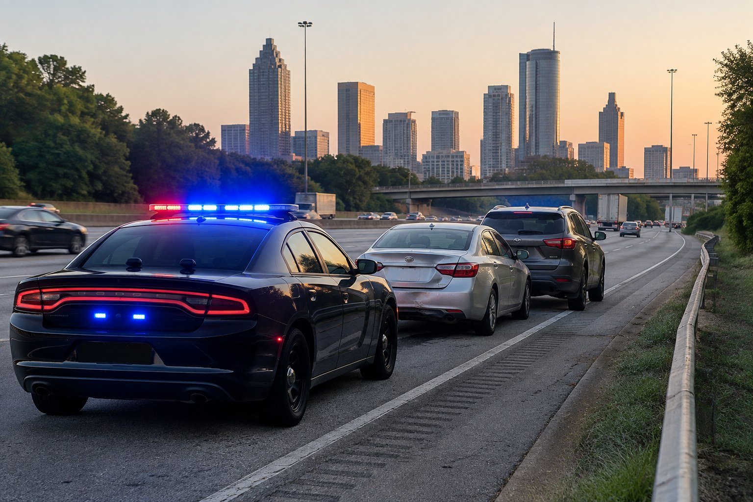 Police car with flashing lights behind two damaged cars on an Atlanta highway shoulder