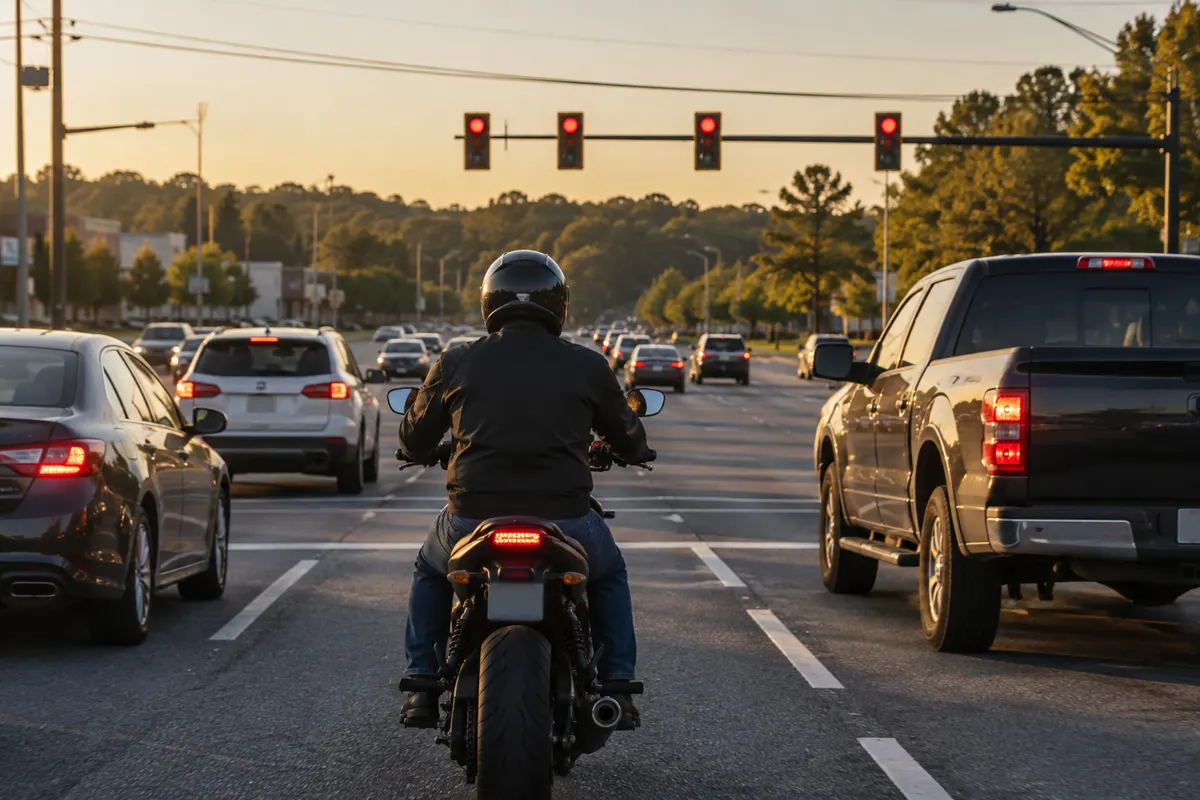Motorcycle rider in a helmet stopped at a traffic light on a busy Cobb County road