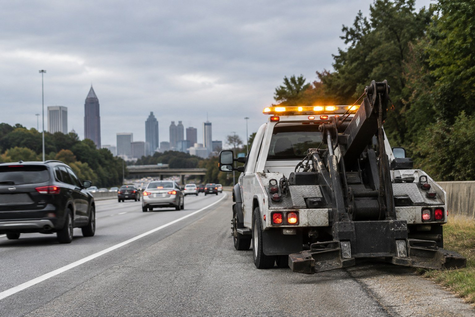 Tow truck with amber beacon lights stopped on a highway shoulder as cars pass farther over