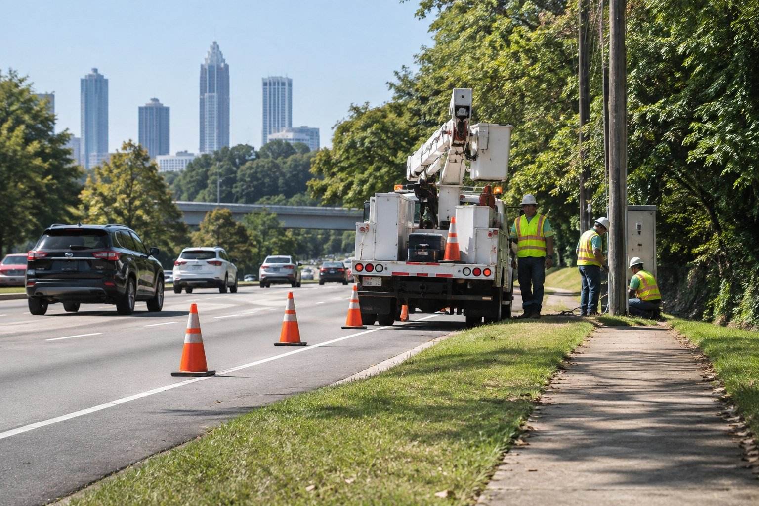 Utility truck with orange traffic cones set out along the edge of a metro Atlanta road